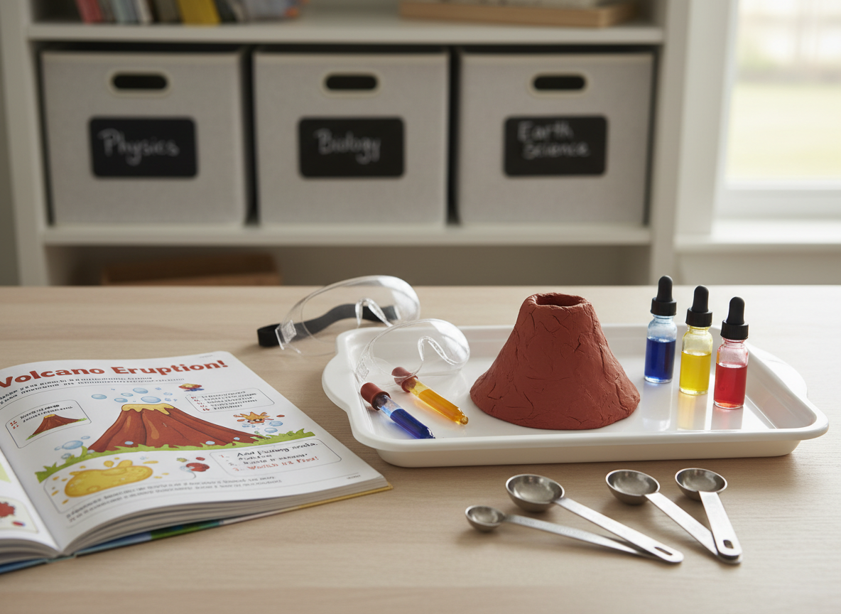 A detailed tabletop scene of an elementary-level home science activity, showing a light wooden table set with clear plastic safety goggles, a small baking soda volcano built from clay on a white tray, food coloring droppers, and measuring spoons. Nearby, a colorful, illustrated science workbook lies open to a simple experiment page with diagrams and large headings. In the softly blurred background, a bookshelf holds bins labeled “Physics,” “Biology,” and “Earth Science.” Gentle afternoon natural light filters through an unseen window, casting warm, diffused illumination and tiny highlights on the plastic and liquid surfaces. Photographed at a slightly elevated angle with moderate depth of field, the volcano and tools are sharply focused while the room fades softly. The atmosphere is playful yet structured, emphasizing hands-on learning in a clean, professional, photographic style.