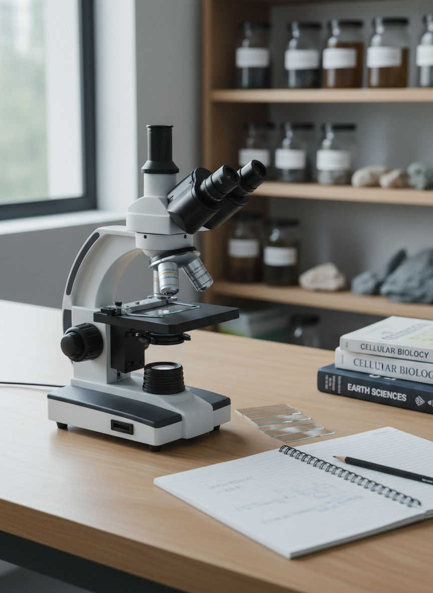 A close-up view of a modern black-and-white compound microscope on a smooth light wood lab bench, surrounded by carefully arranged glass slides, a spiral-bound lab notebook with neatly ruled lines, and a sharpened graphite pencil. In the softly blurred background, shelves hold labeled specimen jars, rock samples, and neatly stacked science textbooks. Cool, diffused window light from the left creates subtle highlights on the microscope’s metal surfaces and gentle shadows on the bench, enhancing its precise contours. Shot from a slightly elevated, three-quarter angle with a shallow depth of field, the microscope is in crisp focus while the background softly recedes. The mood is focused and studious, with clean photographic realism and a professional, organized atmosphere ideal for a science academy homepage.