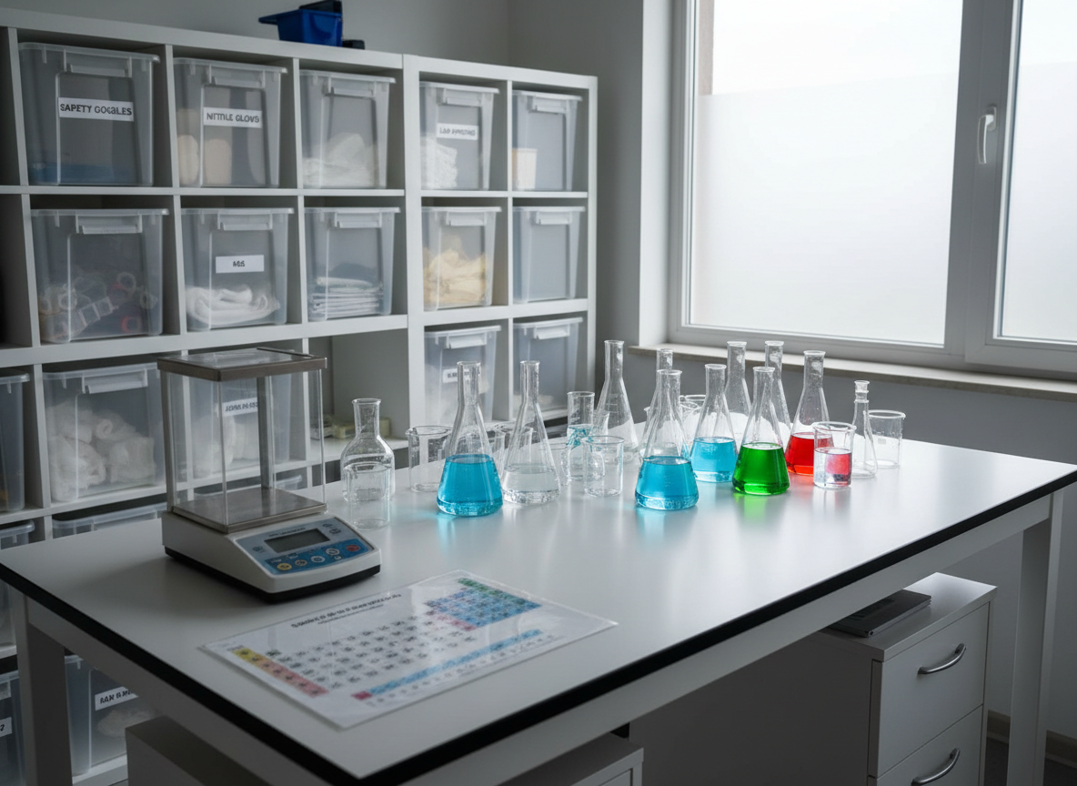 A bright, organized chemistry workstation in a dedicated homeschool lab, featuring a sturdy white lab table with a grey chemical-resistant surface, neatly grouped colorful liquids in Erlenmeyer flasks and beakers, a digital scale, and a laminated periodic table lying flat. Behind the station, tall shelving holds labeled plastic bins of safety goggles, nitrile gloves, and lab aprons. Soft, overcast natural light from a large window to the right bathes the scene, producing mild reflections on the glassware and gentle shadows under each object. Captured from a slightly elevated, wide-angle perspective with sharp detail throughout, the composition balances the table in the foreground and the storage system in the background. The mood is orderly, safe, and professionally academic, rendered in crisp photographic realism with understated, natural colors that fit a serious yet welcoming science education site.
