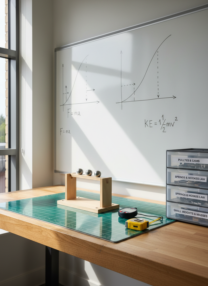 A physics and engineering corner in a home science academy classroom, featuring a sturdy light wood workbench covered with a clean cutting mat, a simple wooden ramp setup with steel balls ready for motion experiments, a neatly coiled measuring tape, and a digital timer. On the wall behind, a whiteboard displays carefully drawn motion graphs and vector arrows. To the side, clear plastic bins contain labeled components like pulleys, springs, and small weights. Soft, overcast daylight from a high side window casts gentle, directional light that reveals subtle textures in the wood and metal, with mild shadows that add depth. Captured from a slightly low, three-quarter angle, the ramp leads the viewer’s eye into the frame. The mood is analytical and exploratory, conveyed through clean, modern photographic realism with a professional, STEM-focused character.