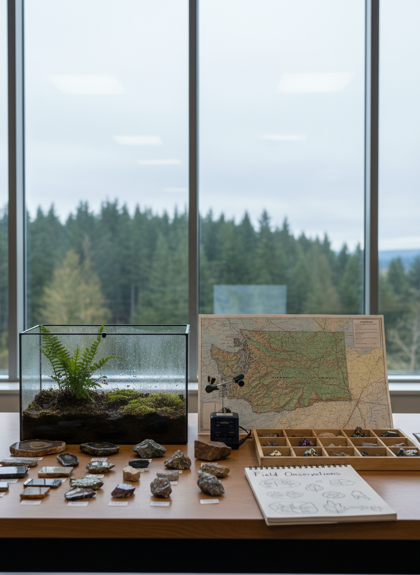 An Earth and environmental science lab setup inspired by the Pacific Northwest, showing a wide lab table covered with neatly arranged rock and mineral samples, a clear terrarium tank with moist soil and ferns, and a topographic map of Washington state spread partially open. A small weather station sensor kit sits beside a spiral notebook titled “Field Observations.” Through large windows in the background, soft-focus silhouettes of evergreen trees appear under an overcast sky, reinforcing the regional setting. Diffused natural light fills the room, creating soft highlights on glass and plastic surfaces and barely-there shadows. Photographed from an eye-level, wide framing, the composition balances indoor materials with the outdoor landscape beyond. The atmosphere is calm, inquisitive, and regionally grounded, rendered in realistic, professional photography that emphasizes hands-on Earth science learning.