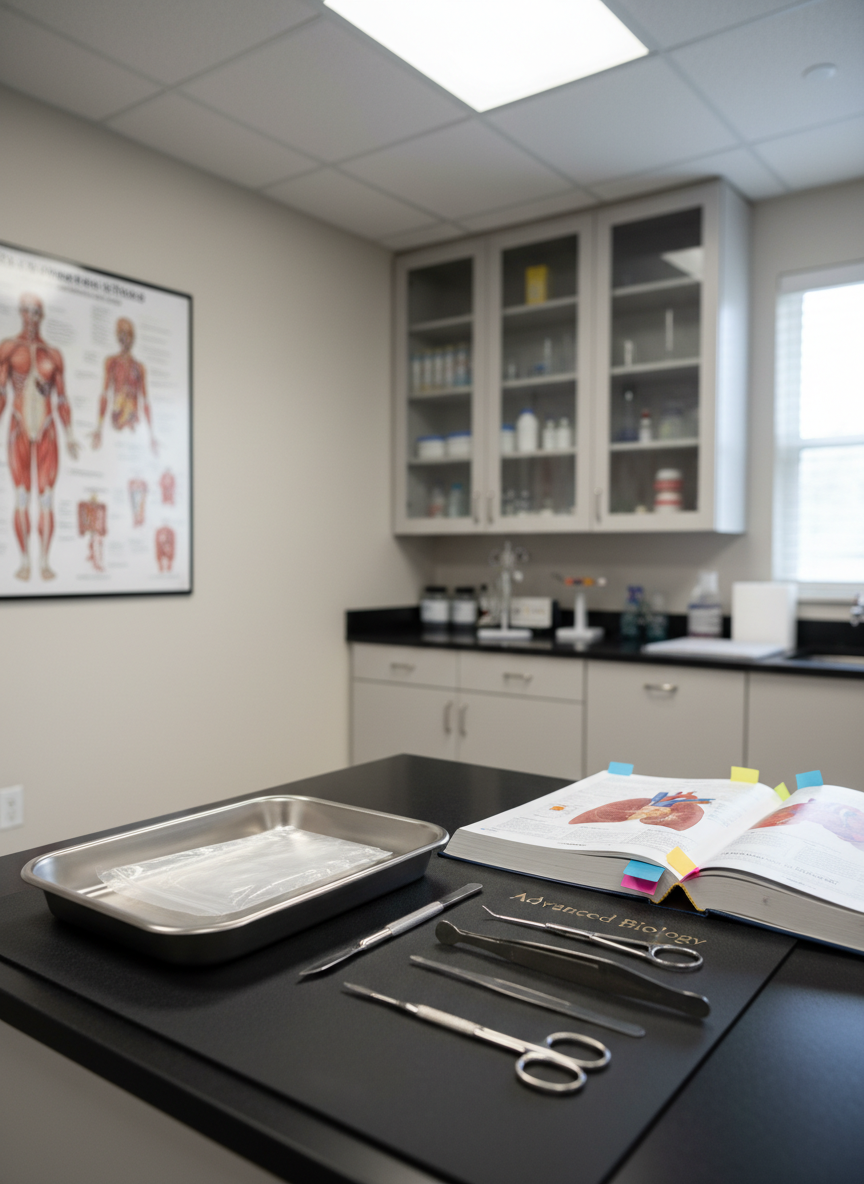 A polished lab station tailored for high school biology in a homeschool science academy, featuring a dissection tray with a closed, unused specimen bag beside stainless-steel dissection tools neatly aligned on a dark rubber mat, all spotless and pristine. Nearby, a textbook titled “Advanced Biology” lies open to a detailed anatomical diagram, with colored sticky tabs marking important sections. In the background, tall cabinets with frosted glass doors conceal additional supplies, while a wall-mounted chart of human body systems adds context. Cool, neutral overhead lighting combines with faint, diffused window light to create even, shadow-free illumination that feels clinical yet approachable. Shot from an eye-level, side-on perspective with sharp focus, the composition emphasizes professionalism, safety, and readiness for serious study in a realistic, photographic style.