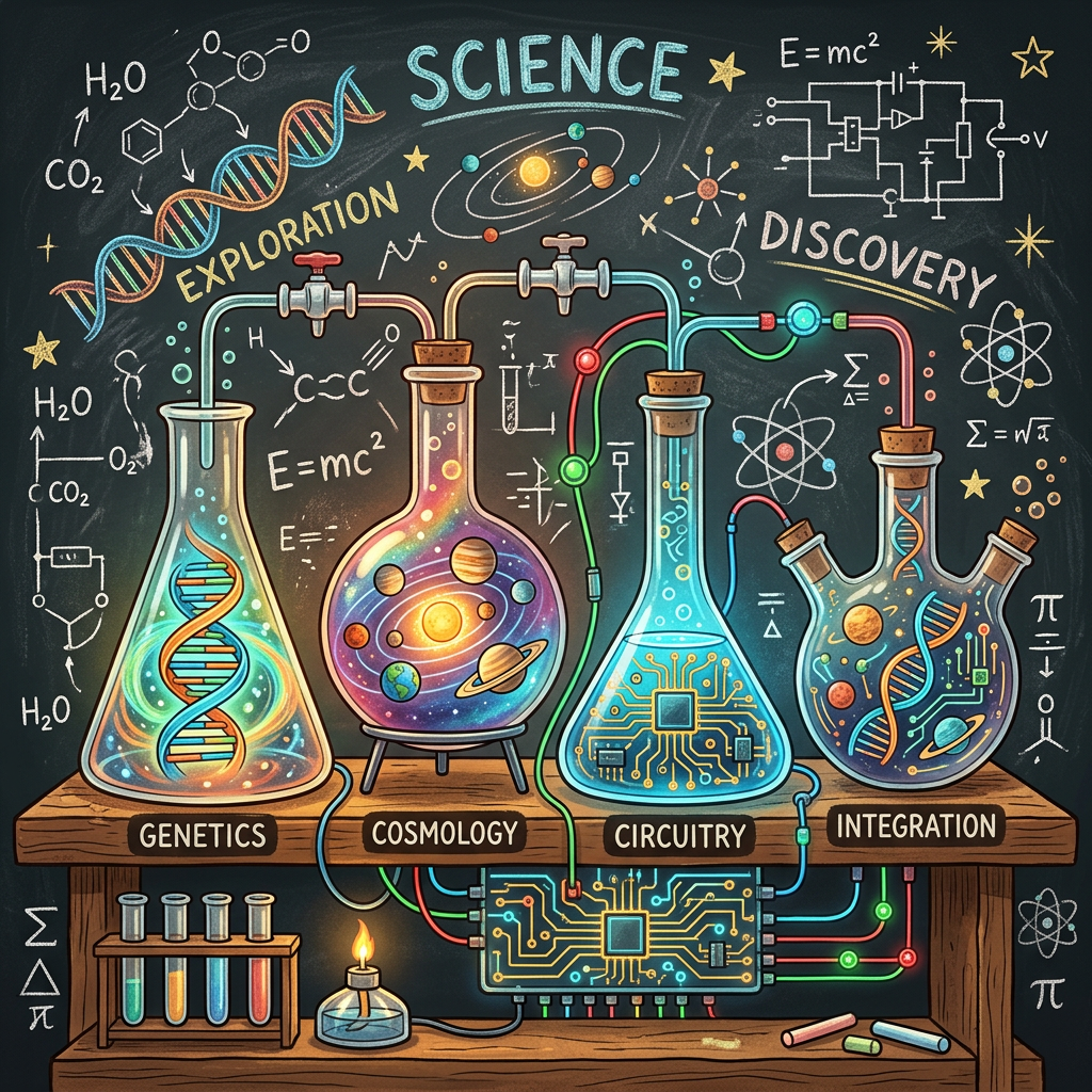 Four flasks labeled genetics, cosmology, circuitry, and integration connected by tubes with scientific symbols on a chalkboard
